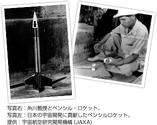 糸川教授とペンシル・ロケット。／日本の宇宙開発に貢献したペンシルロケット。 提供：宇宙航空研究開発機構(JAXA)